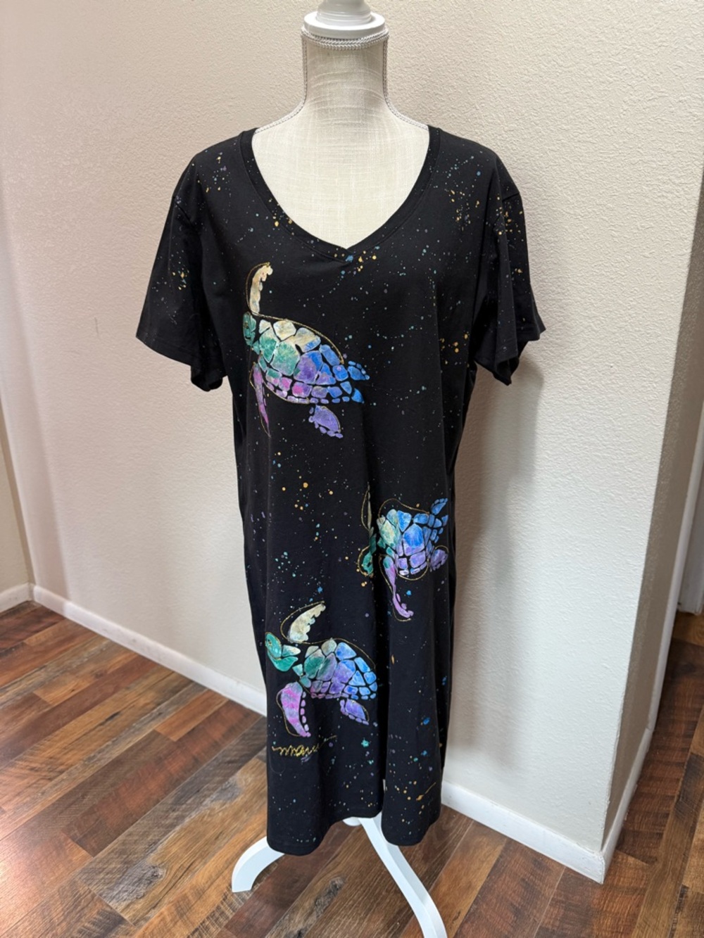 Handpainted Art Wear Black Tee Dress with Sea Turtle Print - Size 2X/3X - NWT
